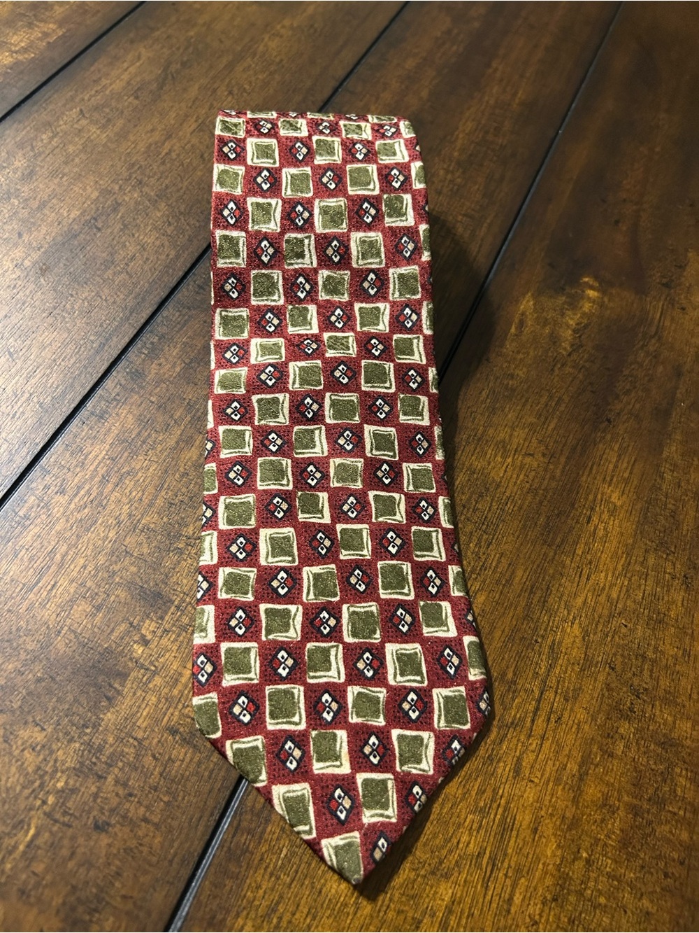Joseph Abboud Red Geometric Silk Tie with Olive and Cream Squares